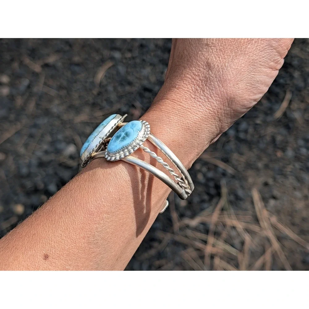 Handmade Larimar Statement Cuff Bracelet in Sterling Silver Unique Jewelry Gift* - Picture 5 of 10